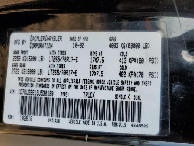 1D7KU28613J538180 - 2003 DODGE RAM 2500 S Սև լուսանկար 10