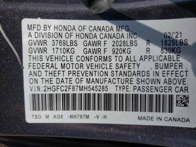 2HGFC2F87MH545285 - 2021 HONDA CIVIC SPORT  photo 10