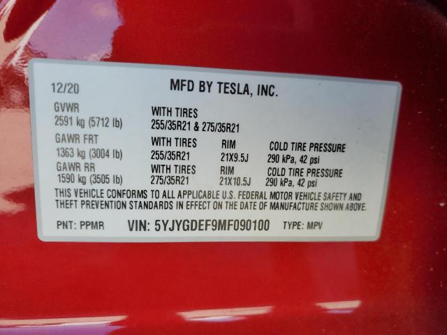 5YJYGDEF9MF090100 - 2021 TESLA MODEL Y RED photo 10