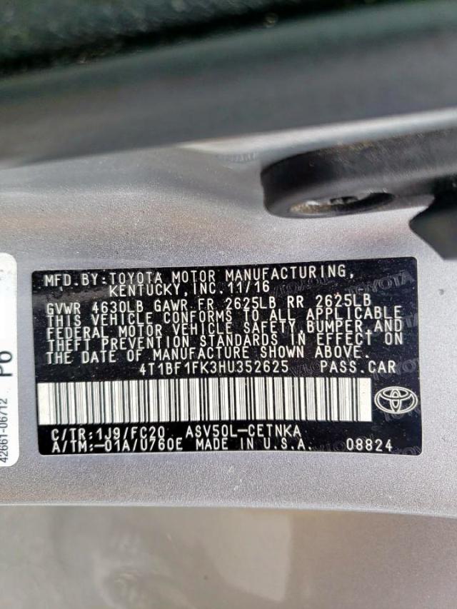 4T1BF1FK3HU352625 - 2017 TOYOTA CAMRY LE SILVER photo 10