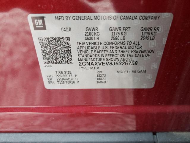 2GNAXVEV8J6326758 - 2018 CHEVROLET EQUINOX PR RED photo 10