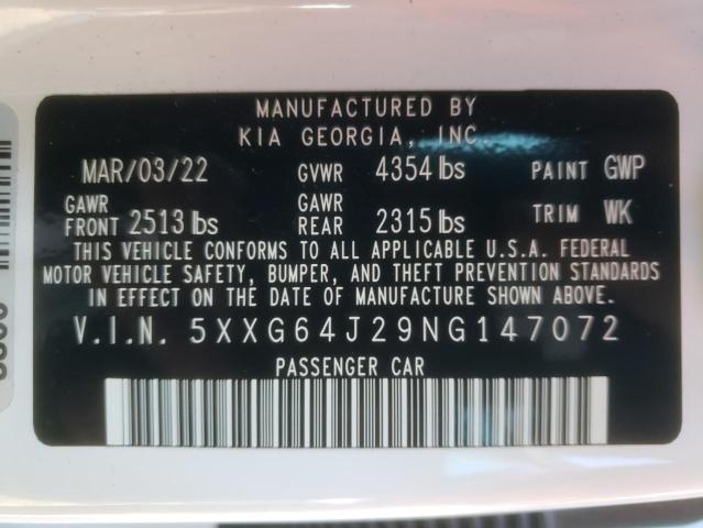 5XXG64J29NG147072 - 2022 KIA K5 GT LINE WHITE photo 10