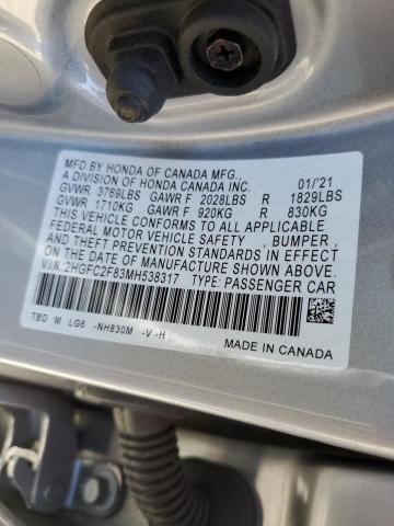 2HGFC2F83MH538317 - 2021 HONDA CIVIC SPOR SILVER photo 10