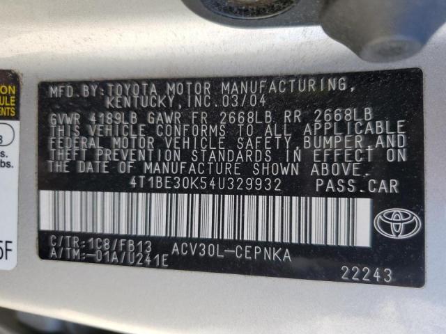 4T1BE30K54U329932 - 2004 TOYOTA CAMRY LE SILVER photo 10
