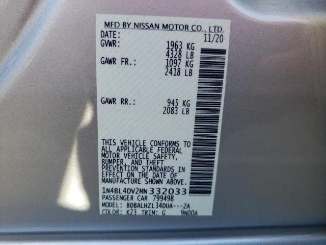 1N4BL4DV2MN332033 - 2021 NISSAN ALTIMA SV SILVER photo 10