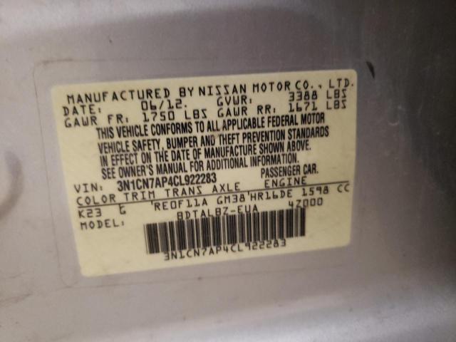 3N1CN7AP4CL922283 - 2012 NISSAN VERSA SILVER photo 10