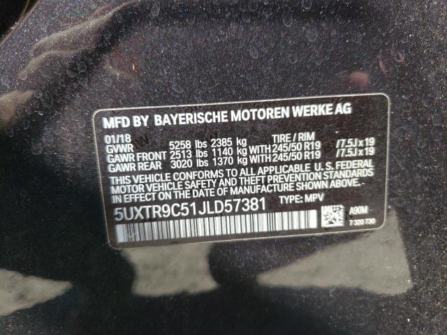 5UXTR9C51JLD57381 - 2018 BMW X3 XDRIVE3 BLACK photo 10
