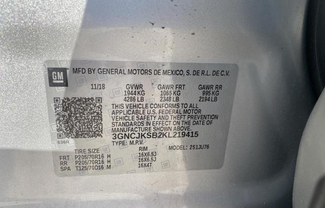 3GNCJKSB2KL219415 - 2019 CHEVROLET TRAX LS GRAY photo 10