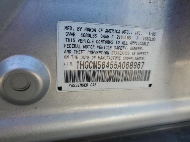 1HGCM56455A068967 - 2005 HONDA ACCORD LX SILVER photo 10