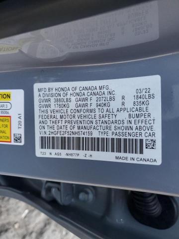 2HGFE2F52NH574159 - 2022 HONDA CIVIC SPOR BLUE photo 10