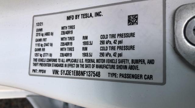 5YJ3E1EB8NF137548 - 2022 TESLA MODEL 3 Ağ foto 10