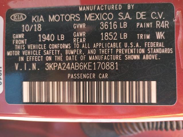 3KPA24AB6KE170881 - 2019 KIA RIO S RED photo 14