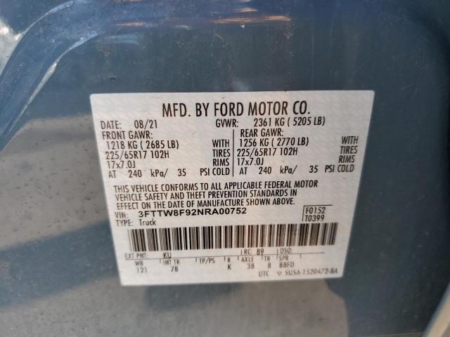 3FTTW8F92NRA00752 - 2022 FORD MAVERICK X BLUE photo 10