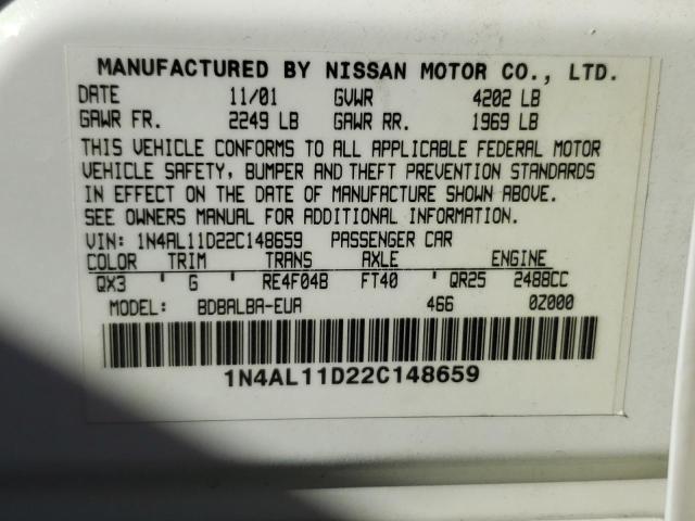 1N4AL11D22C148659 - 2002 NISSAN ALTIMA BAS WHITE photo 10