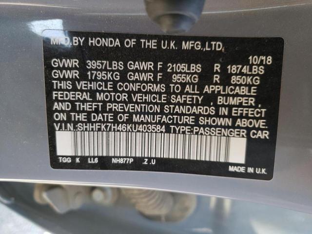 SHHFK7H46KU403584 - 2019 HONDA CIVIC SPOR Boz foto 10