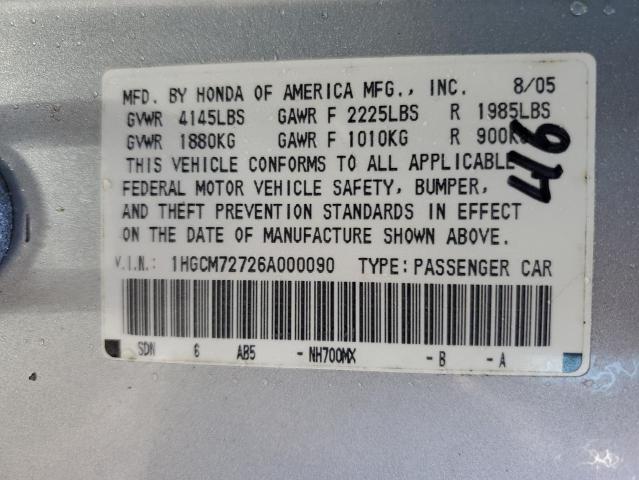 1HGCM72726A000090 - 2006 HONDA ACCORD EX SILVER photo 10