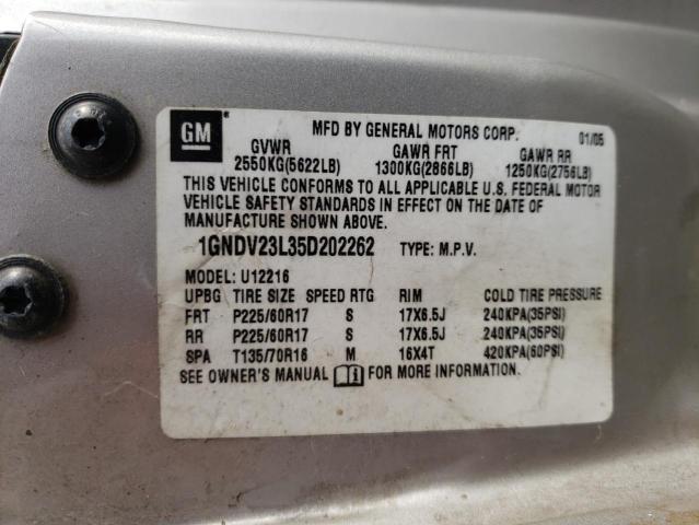 1GNDV23L35D202262 - 2005 CHEVROLET UPLANDER L SILVER photo 10