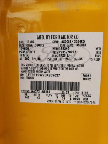 1FTRF12W25KB39037 - 2005 FORD F150 YELLOW photo 10