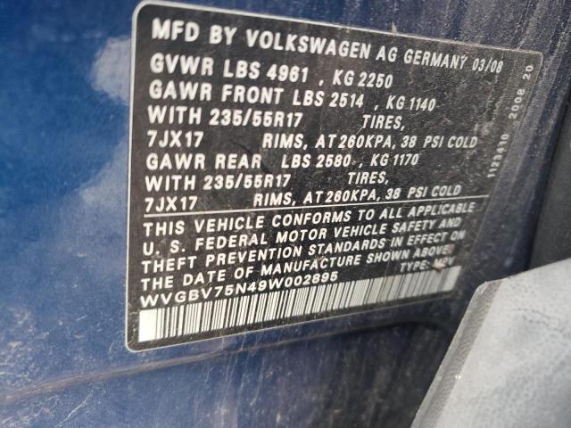 WVGBV75N49W002895 - 2009 VOLKSWAGEN TIGUAN SE BLUE photo 10