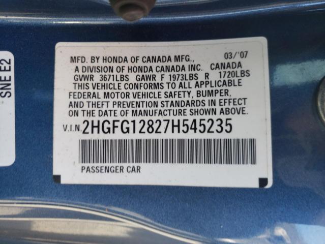 2HGFG12827H545235 - 2007 HONDA CIVIC EX BLUE photo 10