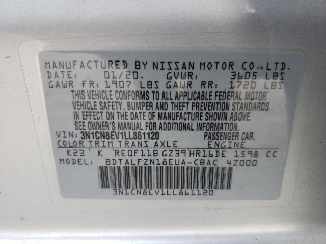 3N1CN8EV1LL861120 - 2020 NISSAN VERSA SV SILVER photo 10