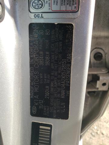 KNAFU4A2XD5718151 - 2013 KIA FORTE EX SILVER photo 10