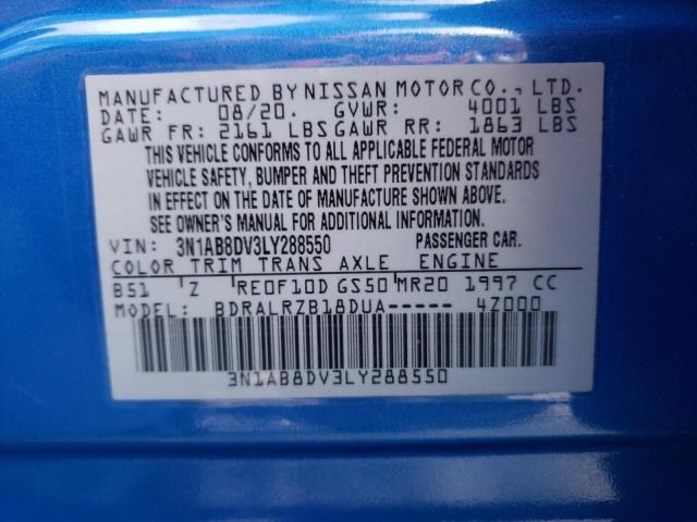 3N1AB8DV3LY288550 - 2020 NISSAN SENTRA SR BLUE photo 10