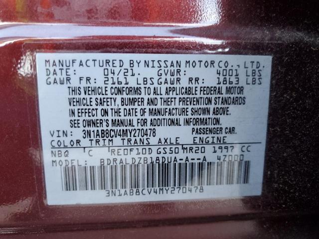 3N1AB8CV4MY270478 - 2021 NISSAN SENTRA SV BURGUNDY photo 10