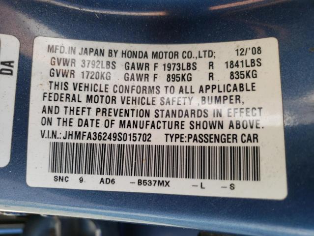 JHMFA36249S015702 - 2009 HONDA CIVIC HYBR BLUE photo 10