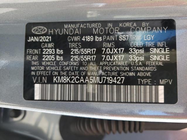 KM8K2CAA5MU719427 - 2021 HYUNDAI KONA SEL SILVER photo 10