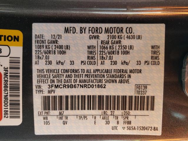 3FMCR9B67NRD01862 - 2022 FORD BRONCO SPO CHARCOAL photo 10