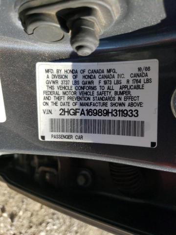 2HGFA16989H311933 - 2009 HONDA CIVIC EXL Boz foto 10