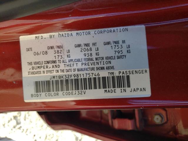 JM1BK32F981175746 - 2008 MAZDA 3 I RED photo 10