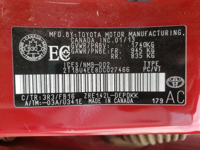 2T1BU4EE8DC027466 - 2013 TOYOTA COROLLA BASE  照片 10