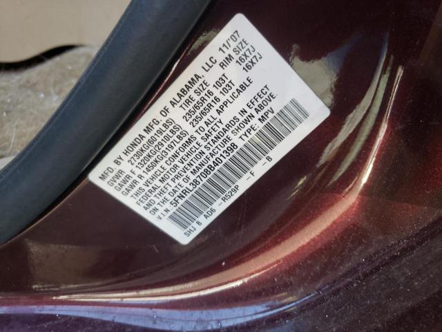 5FNRL38708B401398 - 2008 HONDA ODYSSEY EX BURGUNDY photo 10