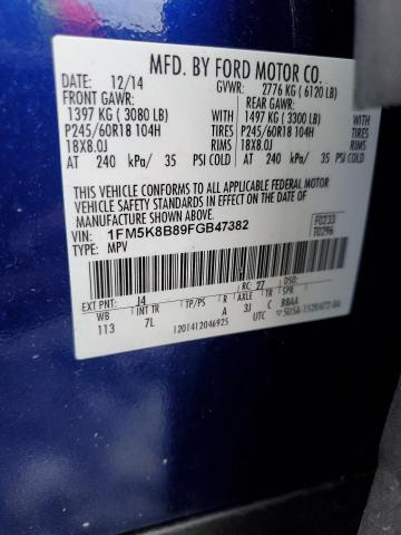 1FM5K8B89FGB47382 - 2015 FORD EXPLORER BLUE photo 10