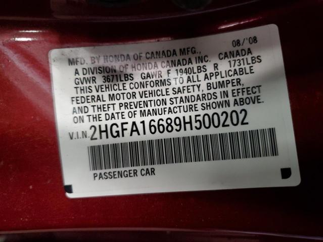 2HGFA16689H500202 - 2009 HONDA CIVIC LX-S Tünd qırmızı foto 10