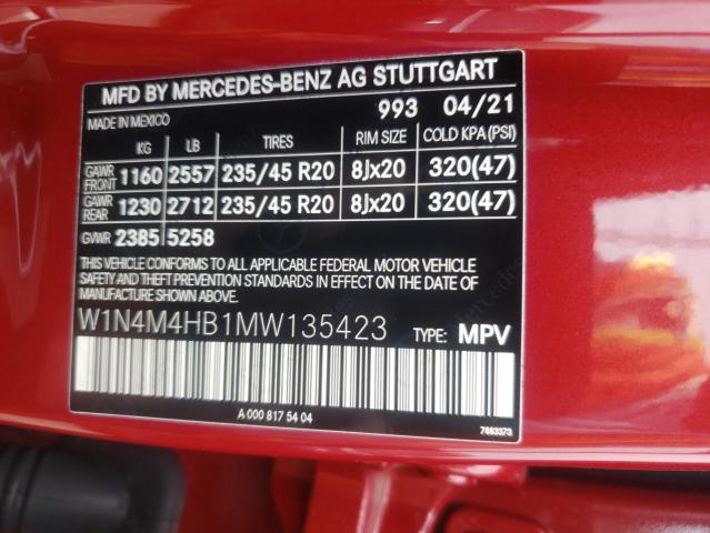 W1N4M4HB1MW135423 - 2021 MERCEDES-BENZ GLB 250 4M RED photo 10