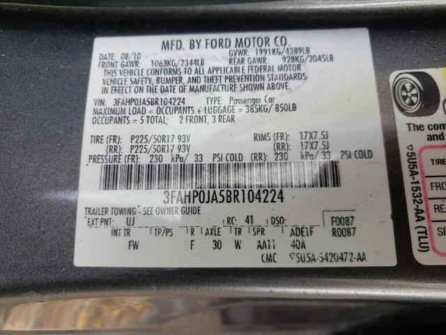 3FAHP0JA5BR104224 - 2011 FORD FUSION SEL GRAY photo 10