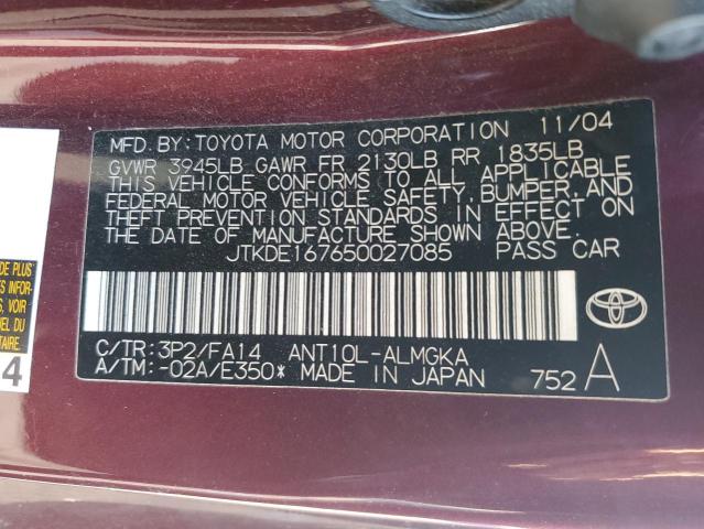 JTKDE167650027085 - 2005 TOYOTA SCION TC ბურგუნდია ფოტო 10