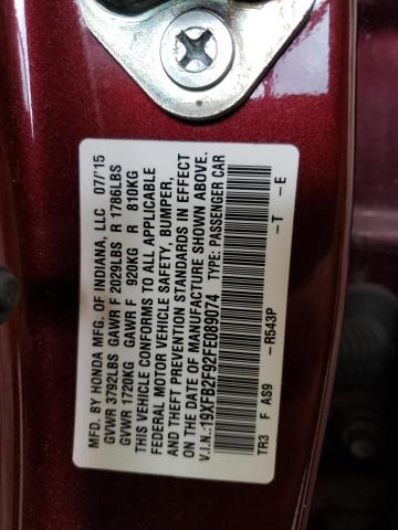 19XFB2F92FE089074 - 2015 HONDA CIVIC EXL Bordo foto 10