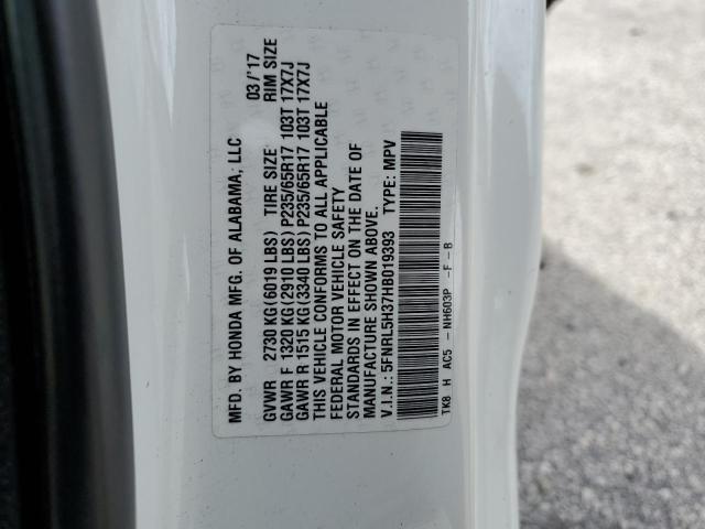 5FNRL5H37HB019393 - 2017 HONDA ODYSSEY SE WHITE photo 10