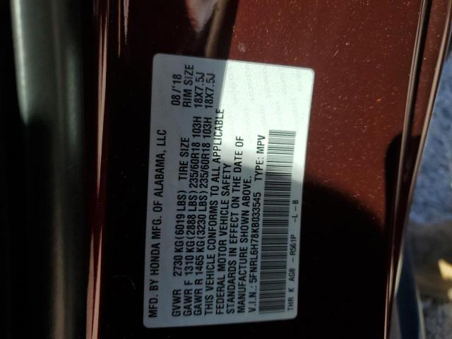 5FNRL6H78KB033545 - 2019 HONDA ODYSSEY EX MAROON photo 10