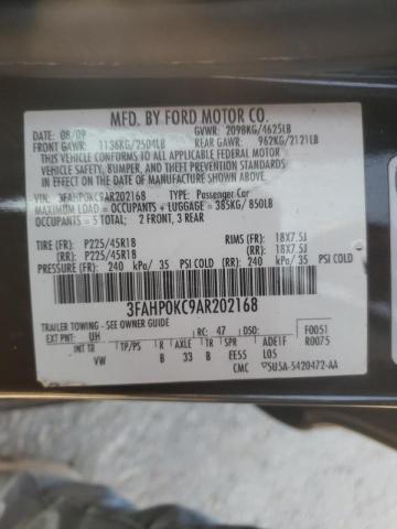 3FAHP0KC9AR202168 - 2010 FORD FUSION SPO BLACK photo 10