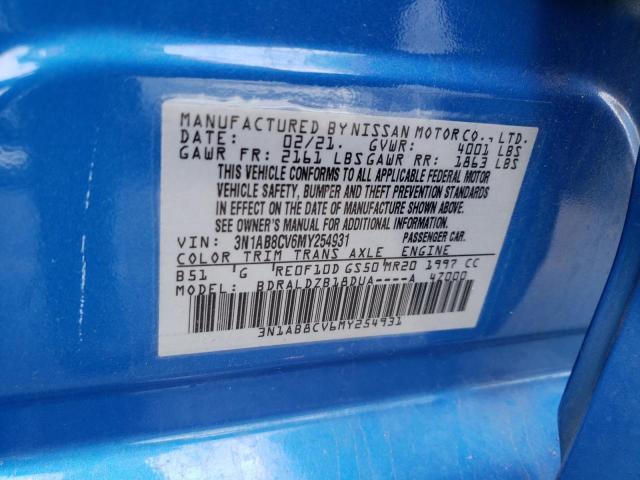 3N1AB8CV6MY254931 - 2021 NISSAN SENTRA SV BLUE photo 10