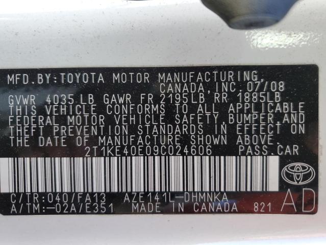 2T1KE40E09C024606 - 2009 TOYOTA COROLLA MA WHITE photo 10