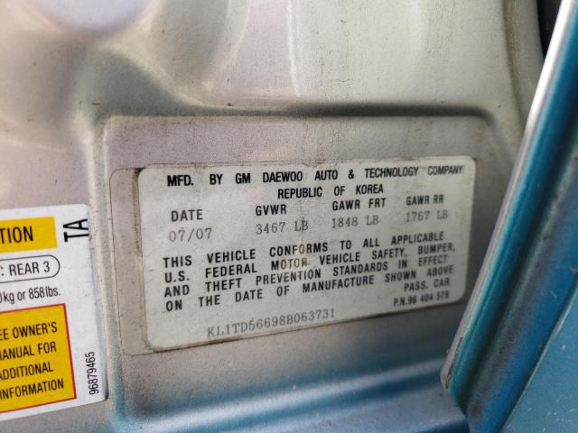 KL1TD56698B063731 - 2008 CHEVROLET AVEO BASE TURQUOISE photo 10