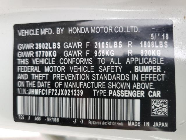 JHMFC1F72JX021239 - 2018 HONDA CIVIC EXL 白色 照片 10