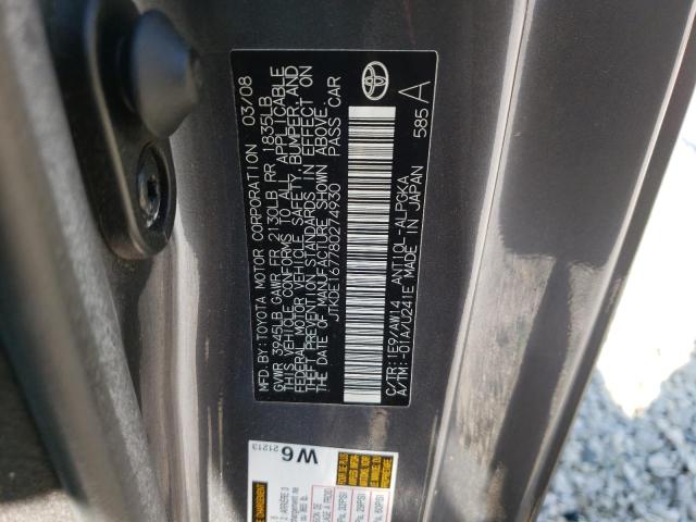 JTKDE167780274930 - 2008 TOYOTA SCION TC ნაცრისფერი ფოტო 10