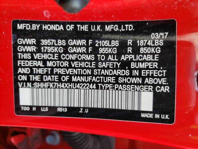 SHHFK7H4XHU422244 - 2017 HONDA CIVIC SPOR 红色 照片 10